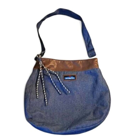 Kavu Shoulder Hobo Bag Blue Denim with Brown Trim - Picture 1 of 11